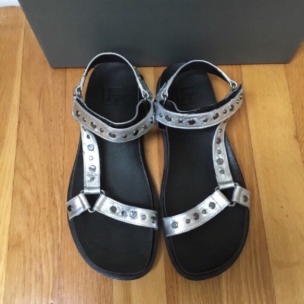 LFL Veda Silver Metallic Leather Studded Ankle Strap Wedge Sandals Size 8.5M